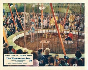 The Woman For Joe original lobby card Diane Cilento in cage with lions