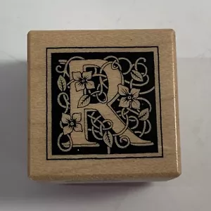 Ausgefallenes "R" Initialen Monogramm Blumen Gummi und Holz Stempel PSX 1 1/4 Zoll Quadrat - Bild 1 von 3