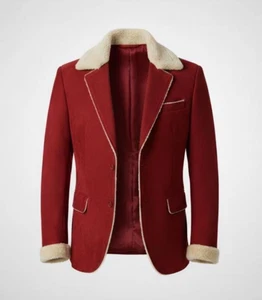 Men's Christmas Red Faux Fur Shearling Collar Suede Blazer Coat Jacket - Picture 1 of 4