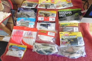 Lot of 16 Fishing lures bait Power bait Berkly Zoom albie Lunker Googan dippper - Picture 1 of 9