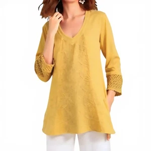 GRETTY ZUEGER Top Soutache Embroidered Crochet Lace Mustard Yellow Peru sz LARGE - Picture 1 of 13