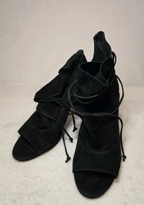 Women’s VINCE CAMUTO BLACK SUEDE LACE UP STILETTO  OPEN TOE ANKLE BOOTS  - Picture 1 of 4