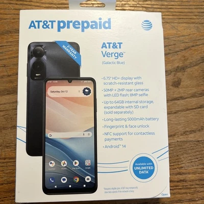 AT&T VERGE PREPAID SMARTPHONE 64GB, Galactic Blue BRAND NEW PREPAID - Image 1 of 3