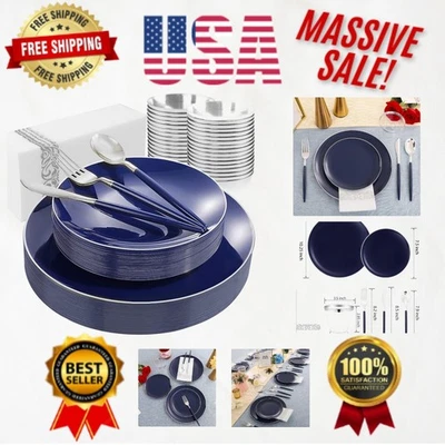 Juego completo de vajilla azul 175 piezas con borde plateado para fiestas y bodas Foto 1 de 4