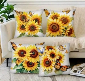 Set Of 4 Beautiful Sunflower And Butterflies 18X18 Throw Pillow Covers - Picture 1 of 7