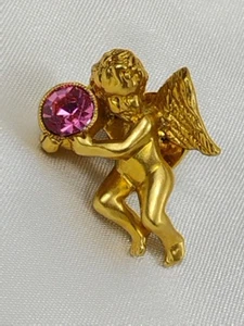 Vintage Avon Gold Tone Red Rhinestone Cherub Tack Pin Brooch - Picture 1 of 5