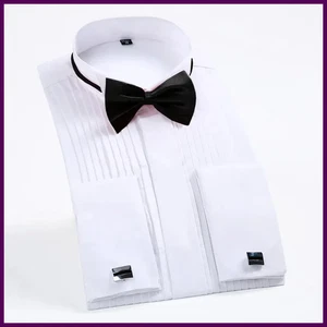 Camisa de vestir formal de esmoquin con cuello de ala para hombre con pajarita roja negra - Imagen 1 de 25