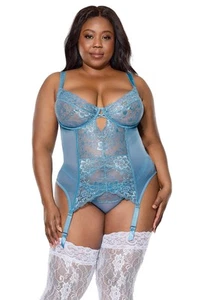 Coquette Queen Sexy Lace Underwire Cups Merrywidow Bustier Blue - Picture 1 of 4