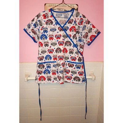 UA Scrubs Fourth of July Dogs Scrub Top S red white blue cotton vet tech - Image 1 of 4