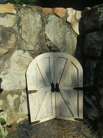 Pair of vintage inspired round top barn doors/shutters with hardware wall decor Cover