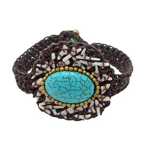 Bold Blue Turquoise Oval & Brass Beads w/ Shell Cuff Bracelet - Picture 1 of 6