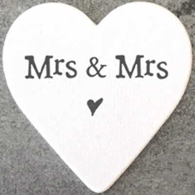 PEBBLE ELEVEN MRS & MRS Mini Wooden Heart Plaque Gift Tiny Sign 3cm Gay Lesbian Wedding Favour
