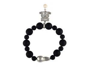 BOWERHAUS Lucky Pearl Onyx Bracelet 24K White Gold Plated Natural Semi Precious - Picture 1 of 8