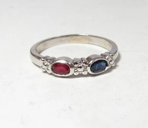 SOLID 14K WHITE GOLD RING / BAND W ITH NATURAL RUBY & SAPPHIRE - Picture 1 of 4