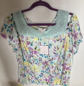 Lauren Conrad Women Large Nwt Floral Off The Shoulder Lace Trim Soft Feel Top - Picture 1 of 5