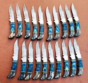 KONVOLUT 20 HANDGEFERTIGTE DAMASTSTAHL CAMPING TASCHENMESSER BACK LOCK MIT SCHEIDEN - Bild 1 von 5