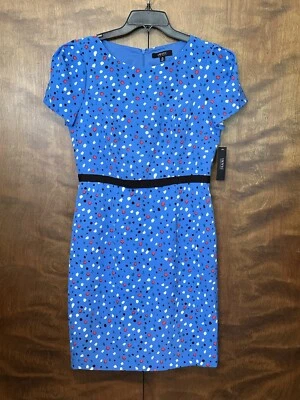 ISAAC MIZRAH Short Puff Sleeve Sheath Dress Womens 10 Blue Confetti Dot Lined  - Image 1 of 4