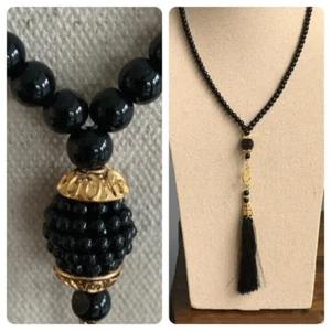 Black Beaded Necklace with Tassel Pendant Vintage Flapper Long Art Deco Necklace - Picture 1 of 8