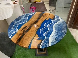 Mesa epoxi redonda azul Ocean Waves para decoración del hogar tapas de madera de río de resina - Imagen 1 de 8