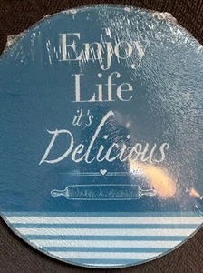 Round Glass Cutting Board/Trivet,app 8" ENJOY LIFE IT'S DELICIOUS, ROLLING PIN - Picture 1 of 4