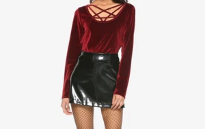 GOTHIC WEINROT WEINROT SAMT PENTAGRAMM TRÄGER VORNE TOP SHIRT SM WICCAN PUNK  - Bild 1 von 4