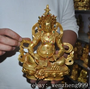 7.6"Tibet Buddhism Temple Bronze Gilt Inlay gem Yellow Jambhala Buddha Statue - Picture 1 of 6
