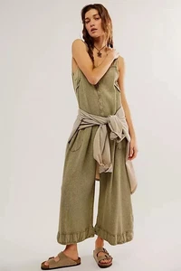 Free People Callie Einteiler Jumpsuit weites Bein offener Rücken Waffel FP ONE XL NEU - Bild 1 von 5