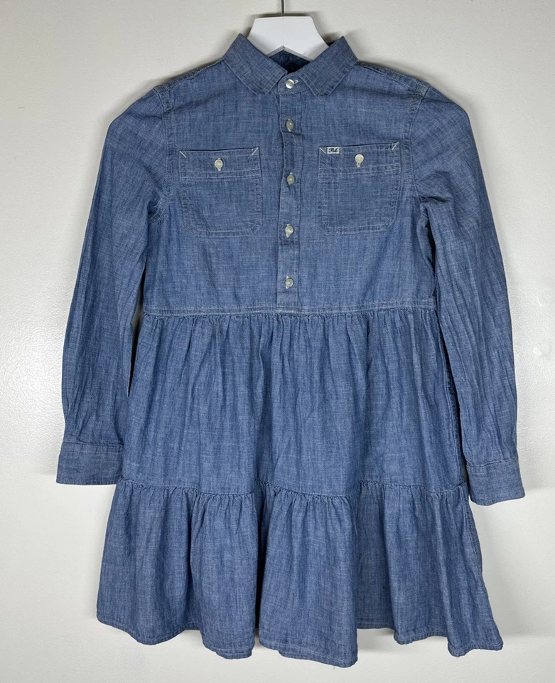 Polo Ralph Lauren 衬衫连衣裙女孩 10 蓝色布层叠长袖 — 第 1/4 张图片