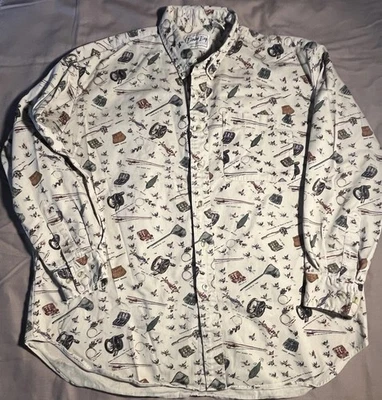Bimini Bay Fishing Print Shirt XXL Long Sleeve Button Down Tan Cotton - Image 1 of 4