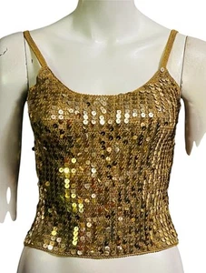 Top camicetta Betsey Johnson vintage anni '90 oro paillettes maglia supporto piccolo - Foto 1 di 6