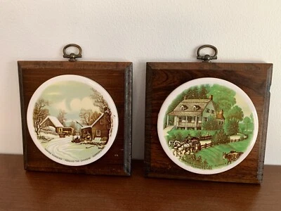 Currier and Ives Mounted Ceramic Tiles American Homestead SummerWinter Morning - Image 1 of 4