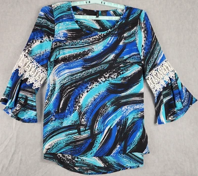 Top túnica fluida mujer New Direction XL azul negro ganchillo manga aleteada Foto 1 de 4