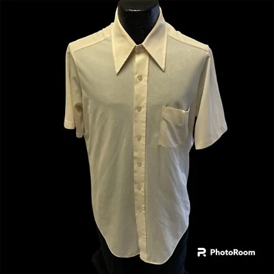 Vtg 70's David Homson Men MoD SHEER Cream White BUTTERFLY COLLAR Disco Shirt L - Image 1 of 4