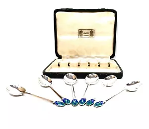 Antique 1930s Sterling Silver & Enamel Coffee / Tea Spoons by Liberty London - Picture 1 of 11