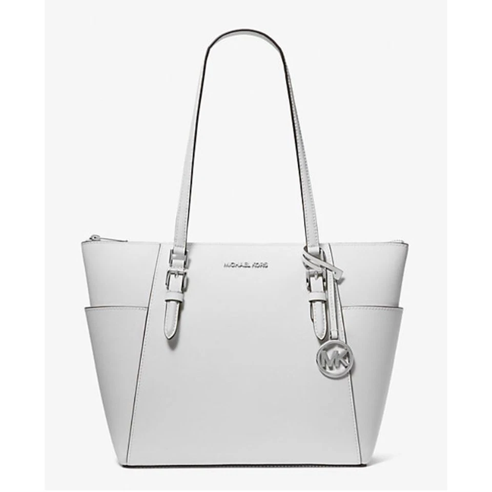 Michael Kors Charlotte Tote Optic White MK Signature Logo Purse Silver Hardware