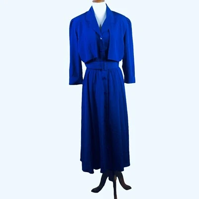 Vtg 90s Liz Roberts Full Skirt Belted Dress Womens 8 Royal Blue Shoulder Pads - Image 1 of 4