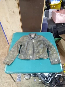 Giacca in pelle borchie doppia D Ranch marrone ornata taglia LG donna - Foto 1 di 20