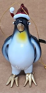 Glass Penguin Holiday Ornament painted blown white black gold red santa hat 3" t - Picture 1 of 10