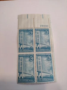US  #1109   plate block of 4,  3¢. THE MACKINAC BRIDGE  - Picture 1 of 2