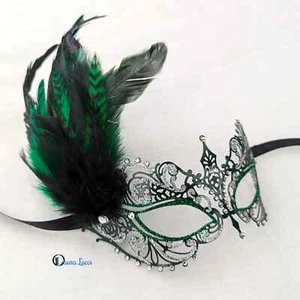Green & Black Metal Masquerade Mask "Forest Dream" Handmade Feather Venetian Msk - Picture 1 of 6
