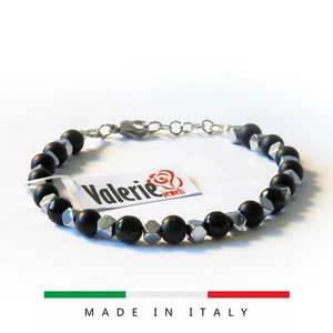 Bracciale UOMO DONNA sfere Onice nero EMATITE argento acciaio moschettone regalo - Foto 1 di 7