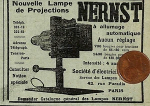 PARIS / LAMPE DE PROJECTIONS NERNST / PUBLICITÉ 1909 - Imagen 1 de 1
