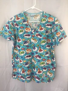 Fundamentals Women's Xtra Small Blue Cats And Dogs Short Sleeve Scrub Top Shirt - Picture 1 of 10