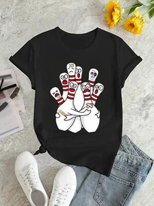 Funny Bowling Graphic Tee - Women's Round Neck Casual Sports T-Shirt - Picture 1 of 12