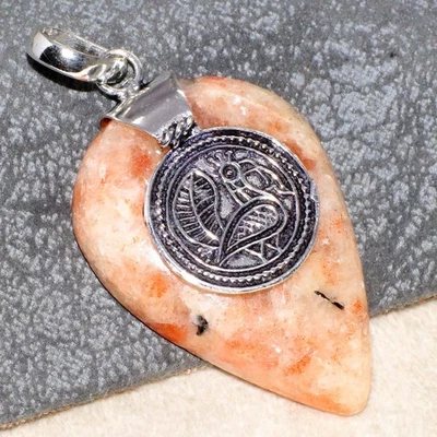 Colgante étnico con tapa de piedra solar de pavo real enchapado en plata 925 talla 2,3" GW Foto 1 de 3