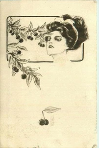 1910 Art Nouveau Illustration of Woman With Clusters Of Cherries - Vtg Postcard - Picture 1 of 2