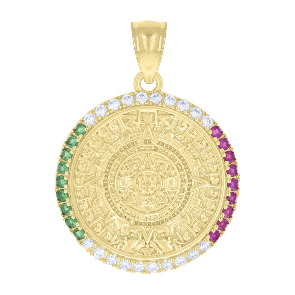 Colgante medallón calendario azteca con dije de circonita cúbica multicolor de oro amarillo de 10 quilates para hombre de 1,05" Foto 1 de 1