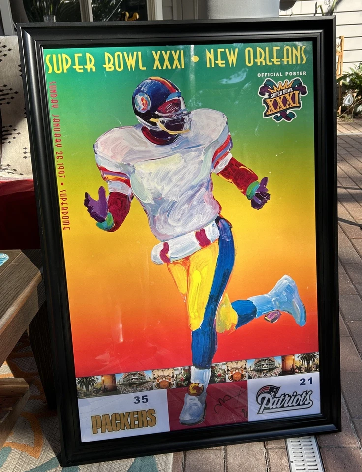 彼得·麦克斯签名超级碗 XXXI 海报 27x39 带框包装工爱国者队 1991 — 第 1/4 张图片