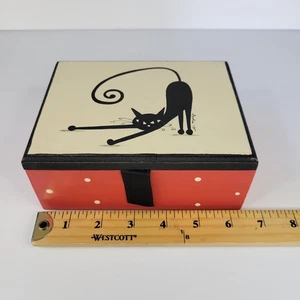 2012 Handcrafted Mexico Wood Atomic Kitty Black Cat Trinket Box Red Signed Laola - Picture 1 of 16