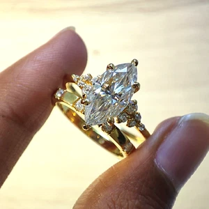 2.5Ct Marquise Cut Moissanite Engagement Ring 14K Solid Gold Art Deco Bridal Set - Picture 1 of 10